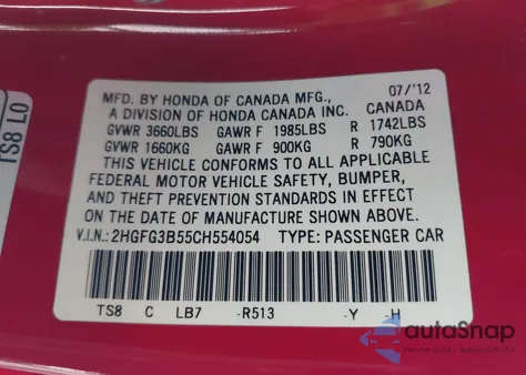 2012 Honda Civic Lx from USA, damaged, VIN 2HGFG3B55CH554054